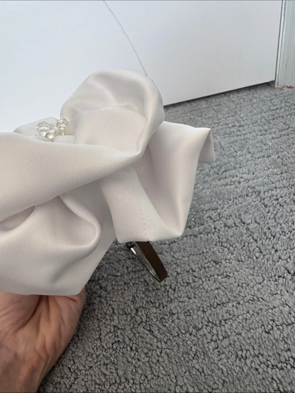 Elegant White Satin Floral Clutch with Pearl & Crystal Center